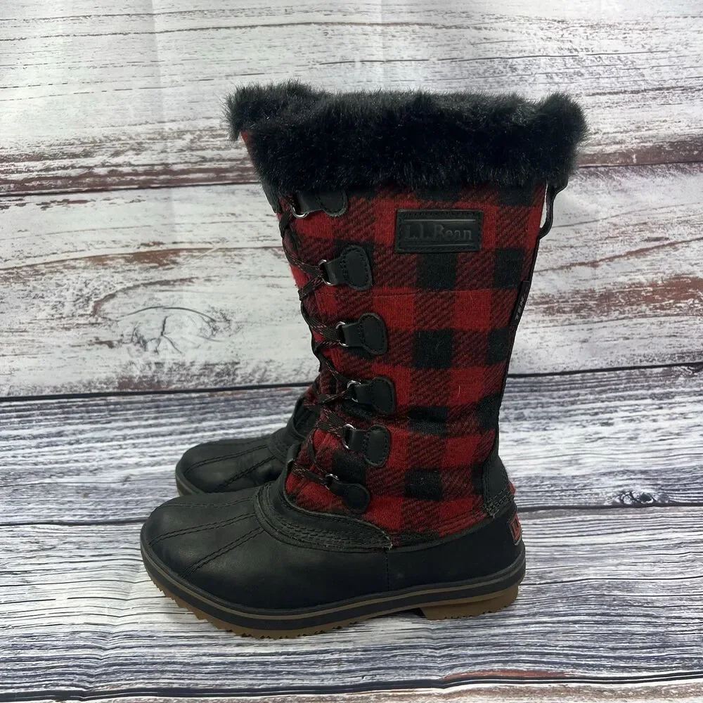 LL Bean Rangeley Buffalo Plaid Red Black Winter Boots, Women’s Size 6